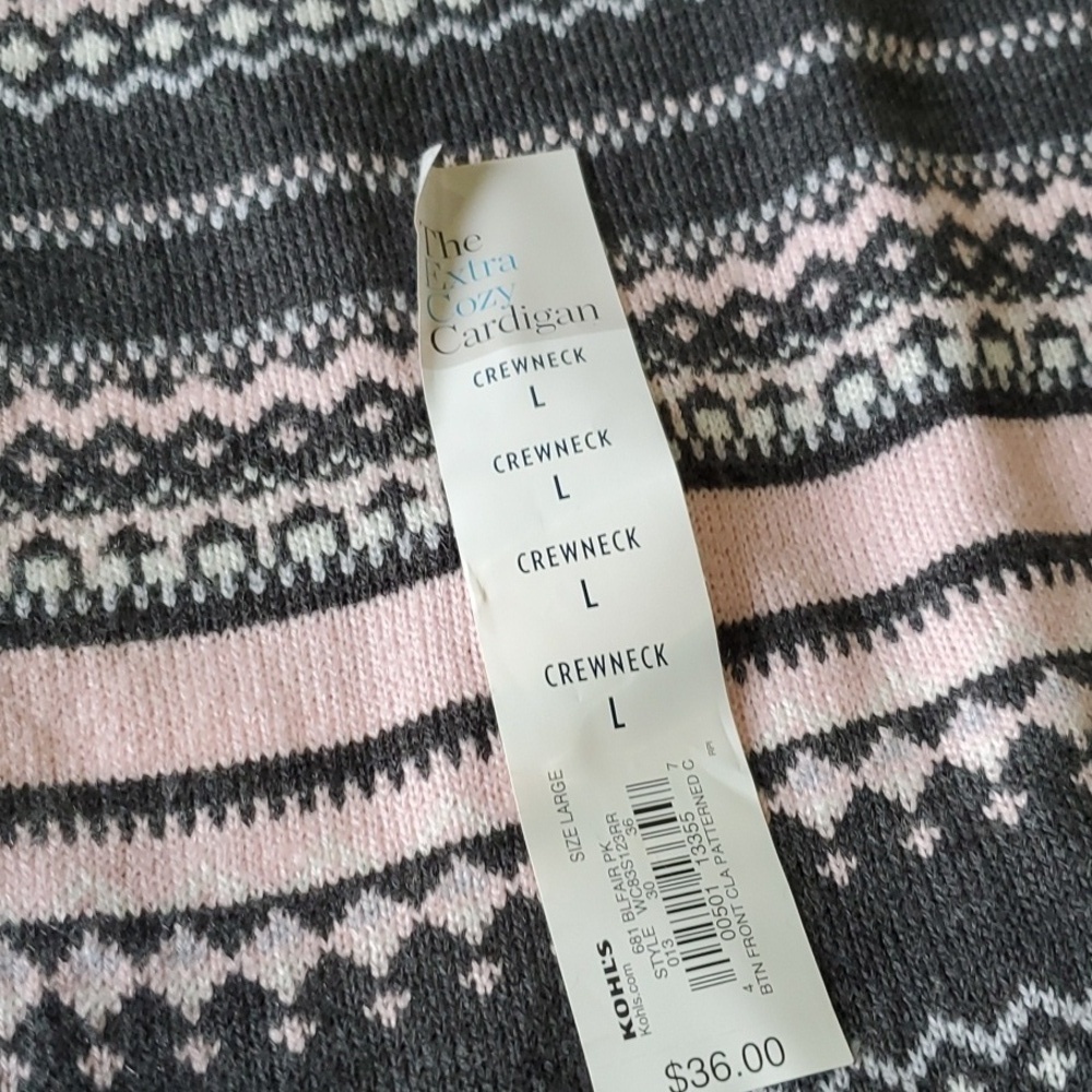 Croft & Barrow Extra cozy Cadigan Pink & Gray stripe cardigan large NWT - Picture 3 of 10